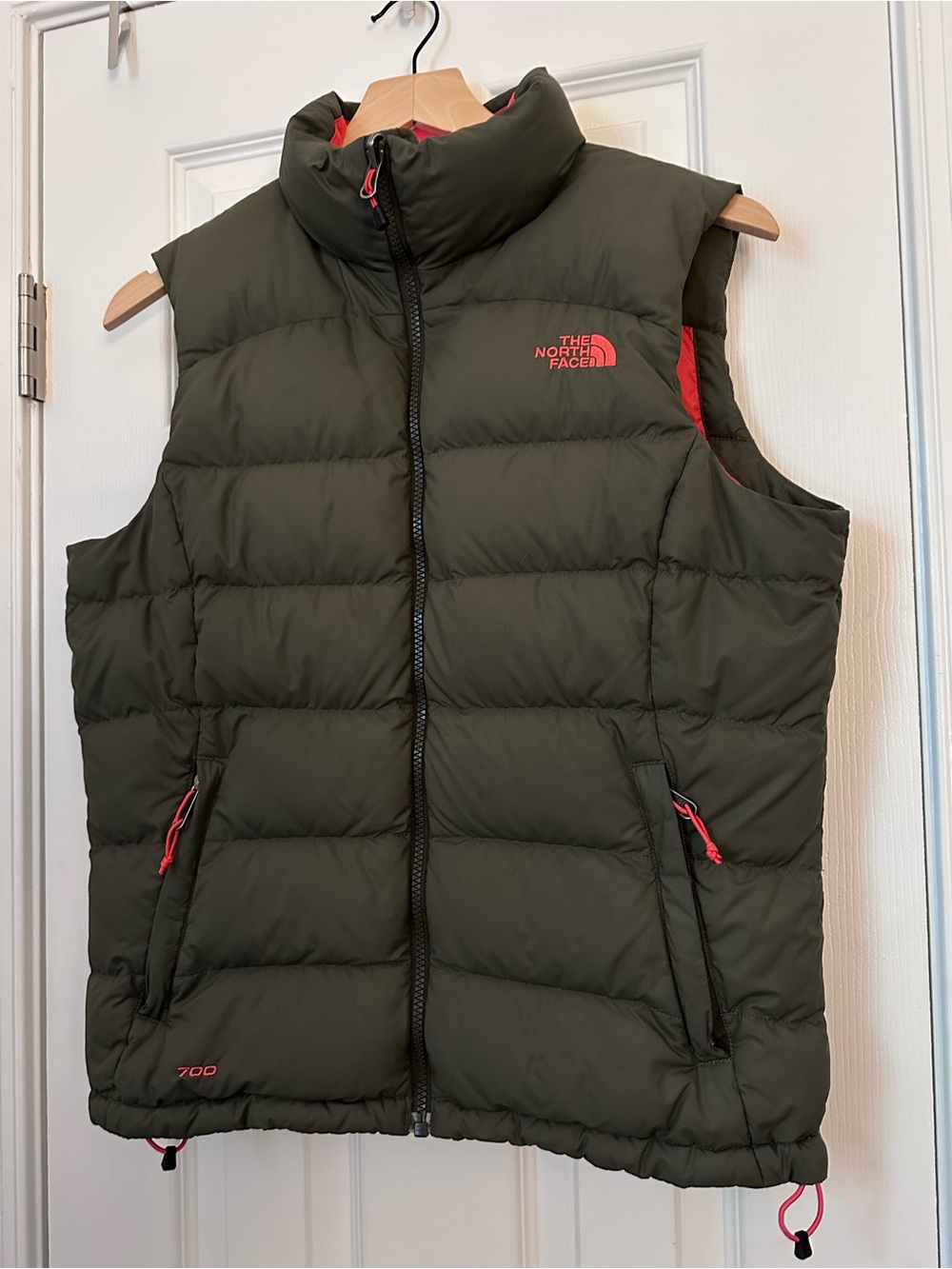 The North Face Olive Green Puffer Vest with Red Accents